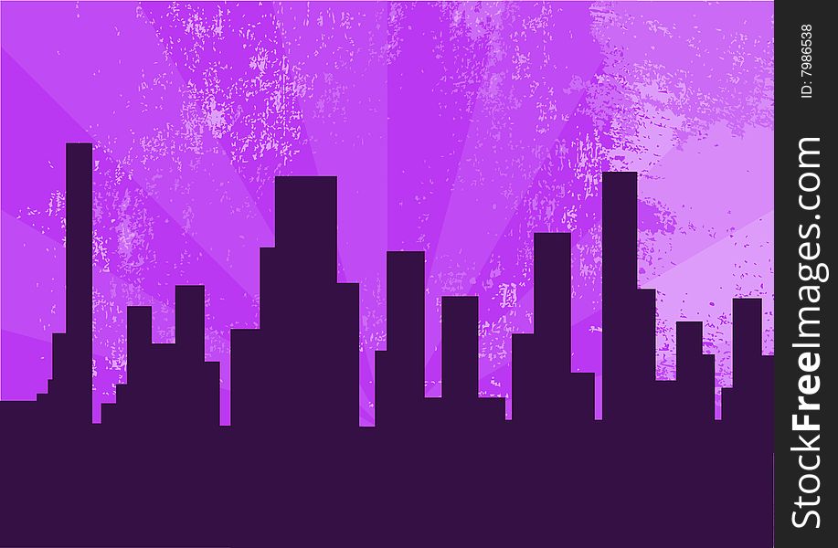 Vector illustration of city at the night on the violet background