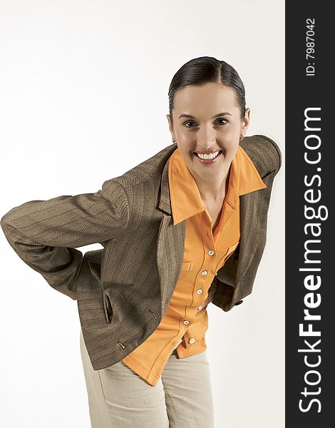 Smiling business woman wearing jacket, bend forward