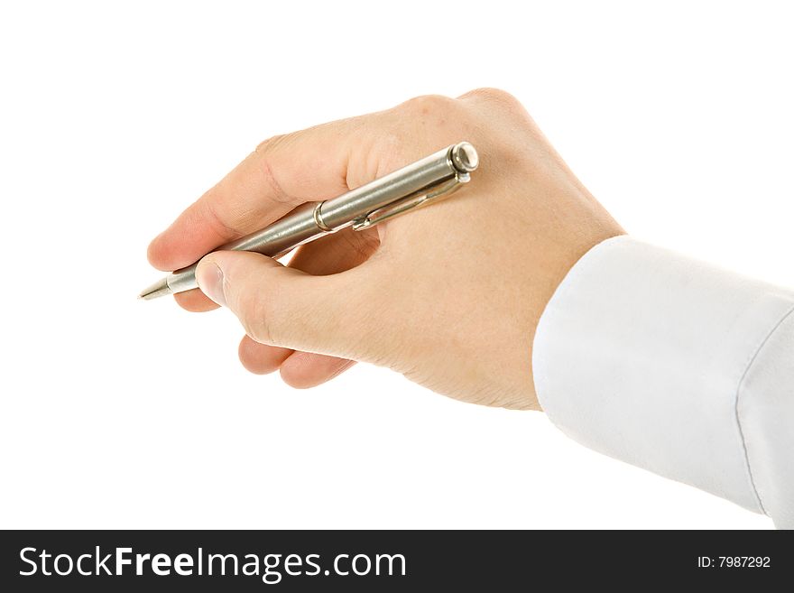 Pen in hand. Isolated on white background