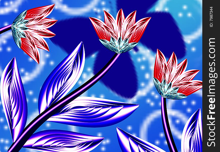 Unrealistic flowers on turn blue background. Unrealistic flowers on turn blue background