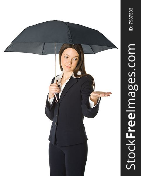 Portrait of a beautiful business woman holding a umbrella. Isolated on white background