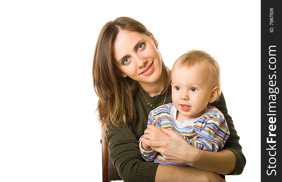 Mother and son. Isolated on white background