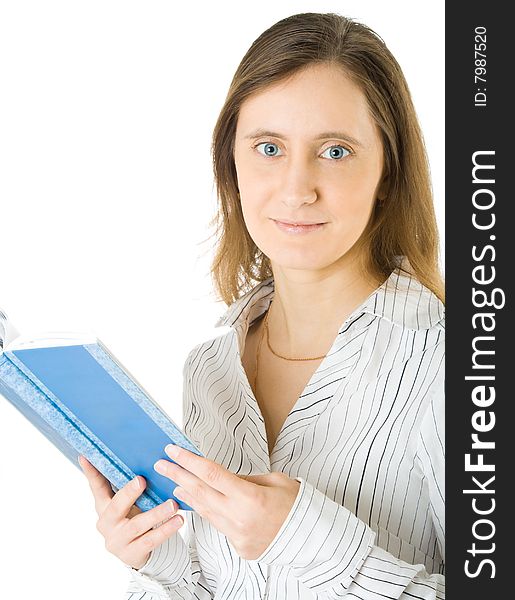 Young woman with book. Isolated on white background