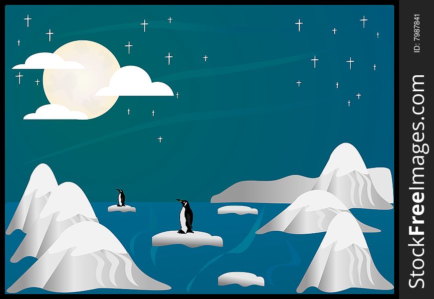 Arctic scene with icebergs,mountains,penquins and stars. Arctic scene with icebergs,mountains,penquins and stars