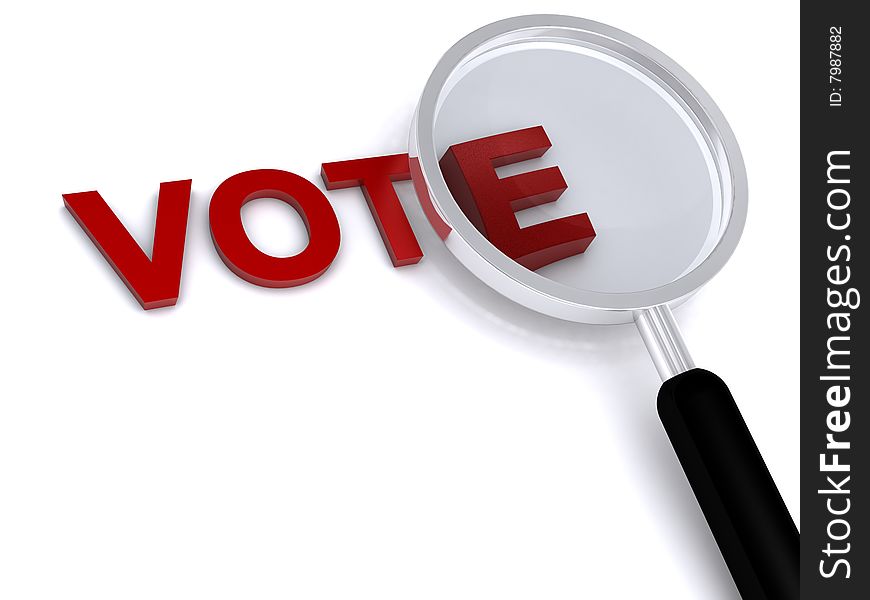 3d vote text with magnifier on white background