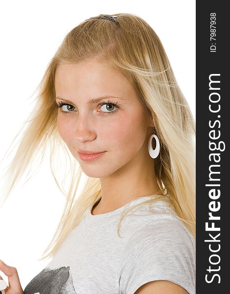 Pretty blonde woman looking seductively close up isolated over white