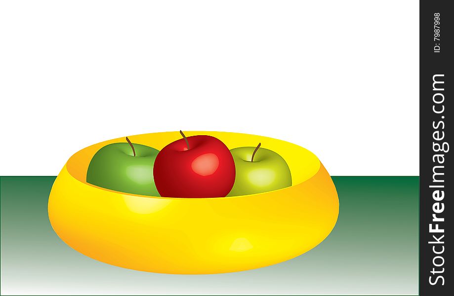 Yellow bowl containing one red and two green apples. Yellow bowl containing one red and two green apples