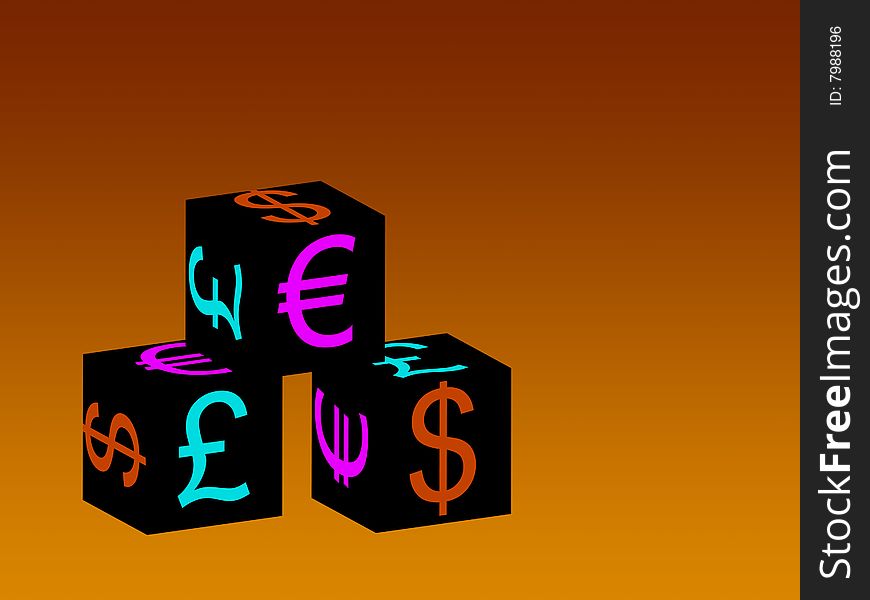 White boxes with currency symbols over blue background