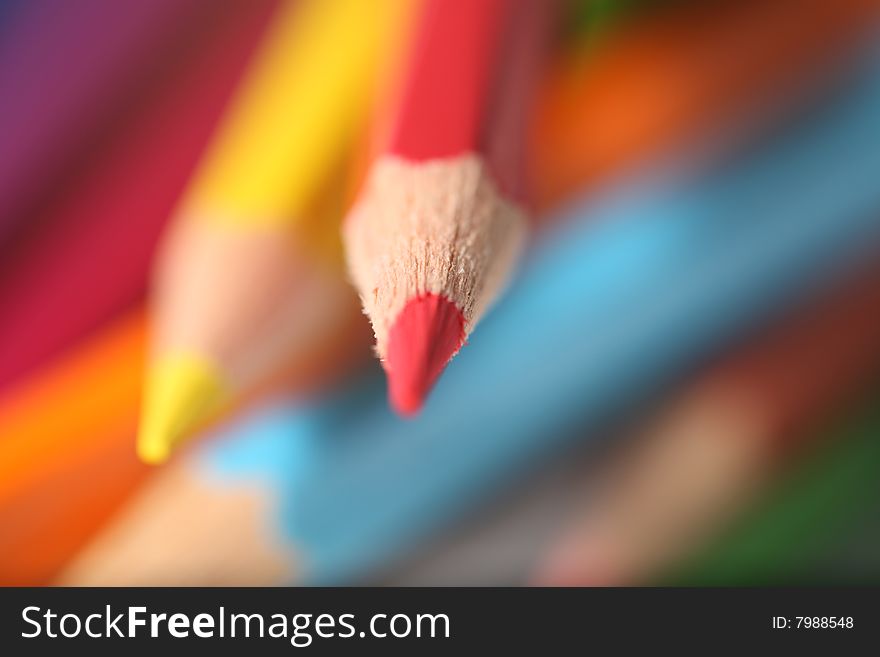 Macro pencil messy cluster red focus on white background