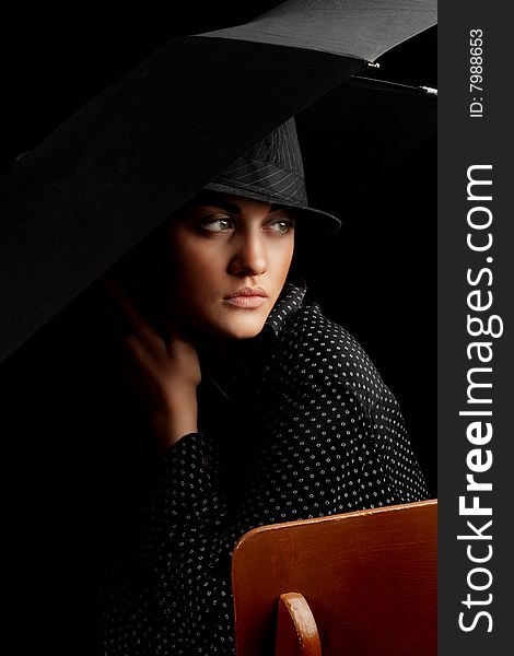 Mysterious Green-Eyes Lady with Umbrella in Black. Mysterious Green-Eyes Lady with Umbrella in Black