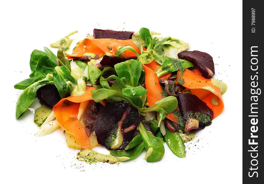 Salad from Vegetables and Roe Meat over White Background