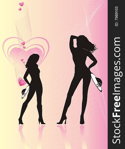 Silhouettes of women with hats. Romance composition. Vector illustration