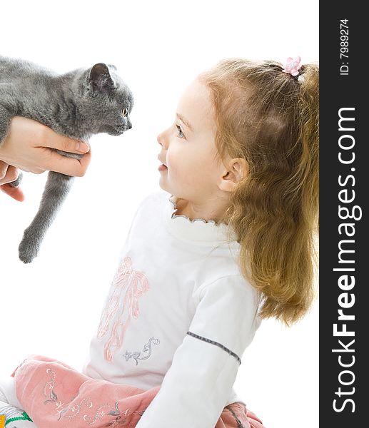 Young girl with kitten. Isolated on white background