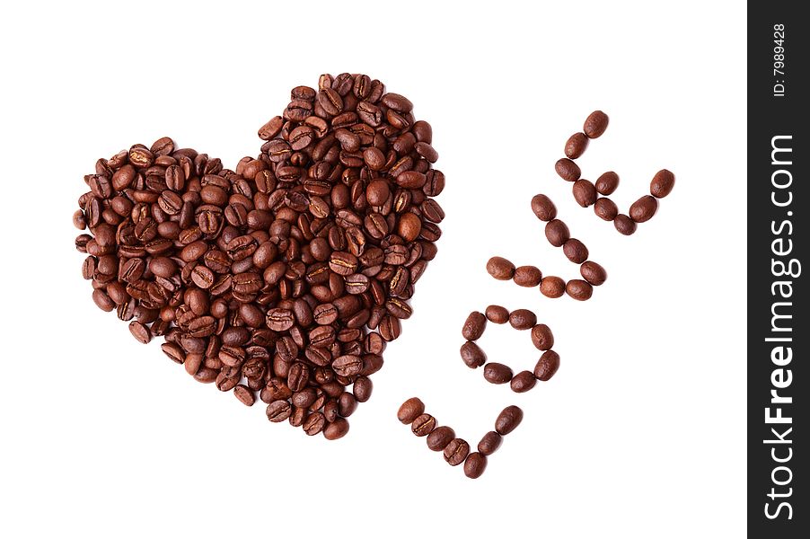 Heart made of coffee beans on white background