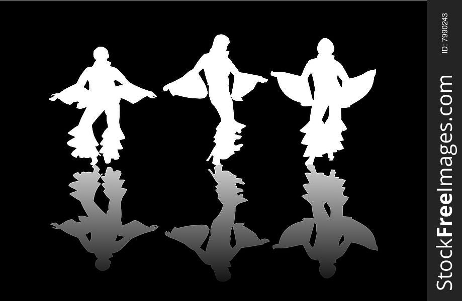 Dancers moving in disco attire silhouetted in white on a black background with their reflection on the floor. Dancers moving in disco attire silhouetted in white on a black background with their reflection on the floor.