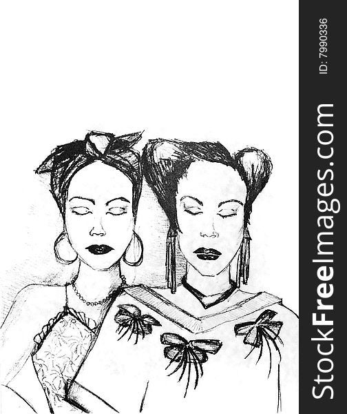 Old black and white hand drawing of two woman with eyes closed. Old black and white hand drawing of two woman with eyes closed