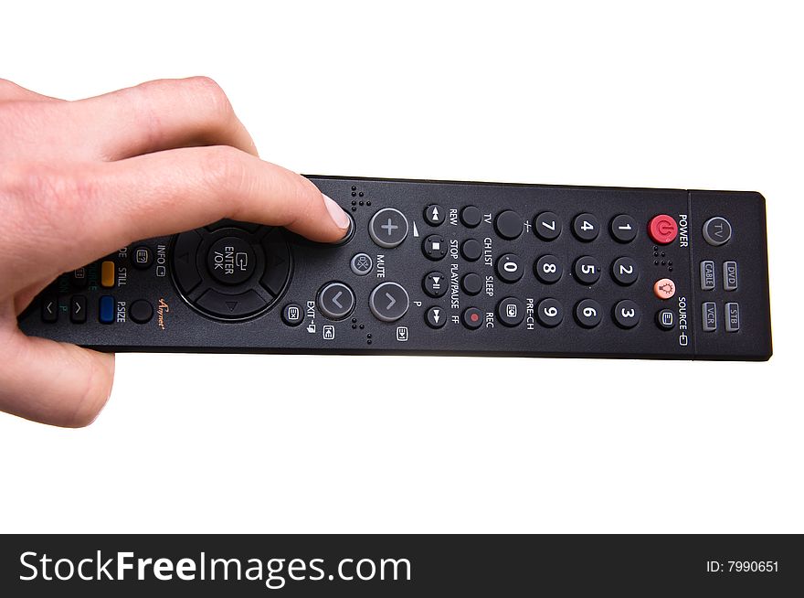 Hand holding remote control, isolated on white background. Hand holding remote control, isolated on white background