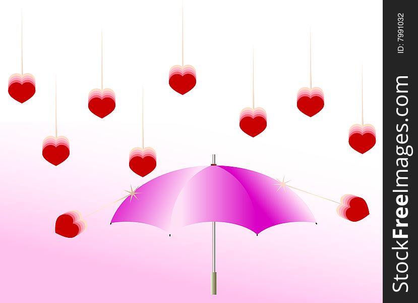 Red love of hearts rain over an umbrella. Red love of hearts rain over an umbrella