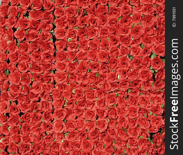 A wall of artificial red roses