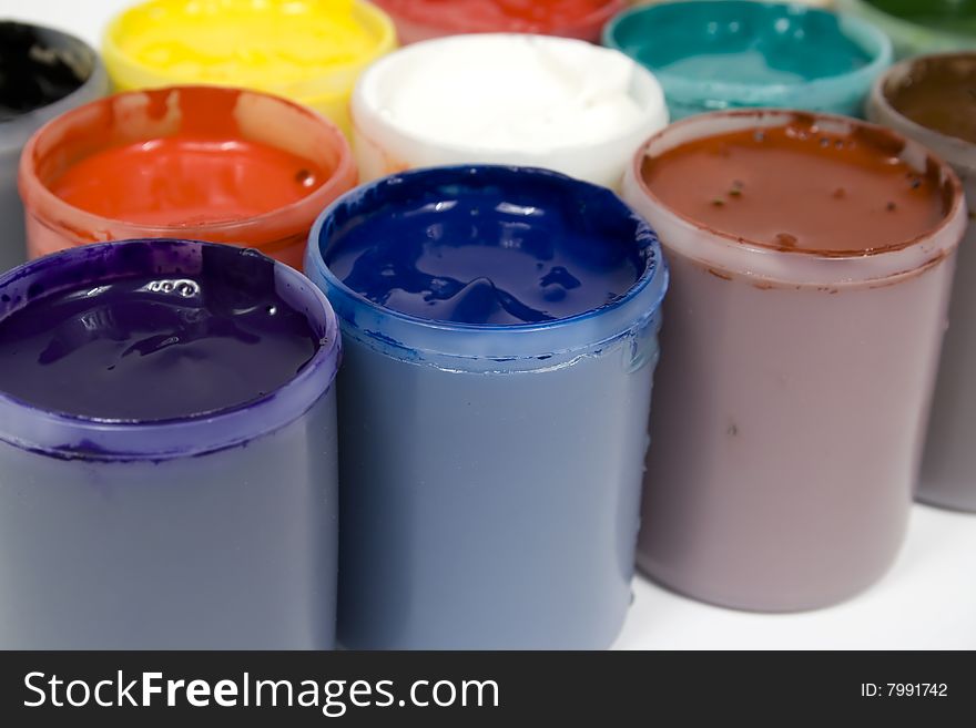 Set of several colors gouache open tubes