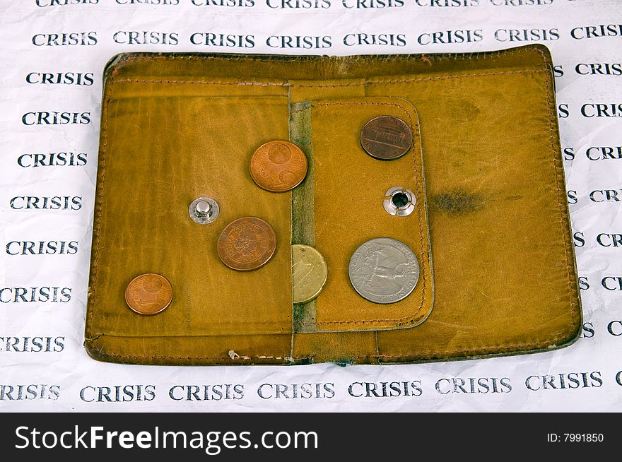 Crisis, very old wallet and coins. Crisis, very old wallet and coins