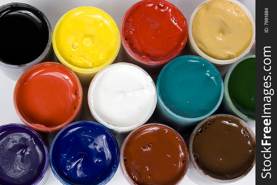 Set of several colors gouache open tubes