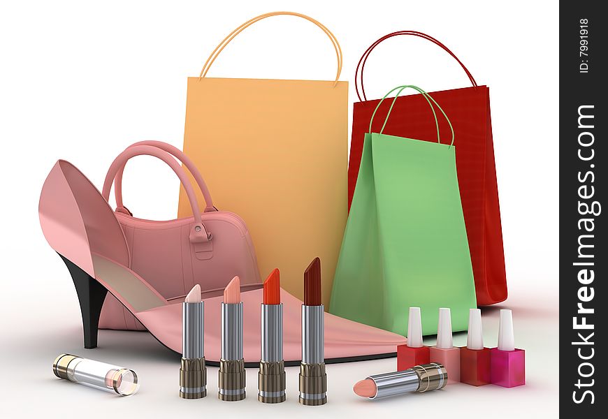 Pink shoes and handbag with colour lipstick and varnish. Pink shoes and handbag with colour lipstick and varnish