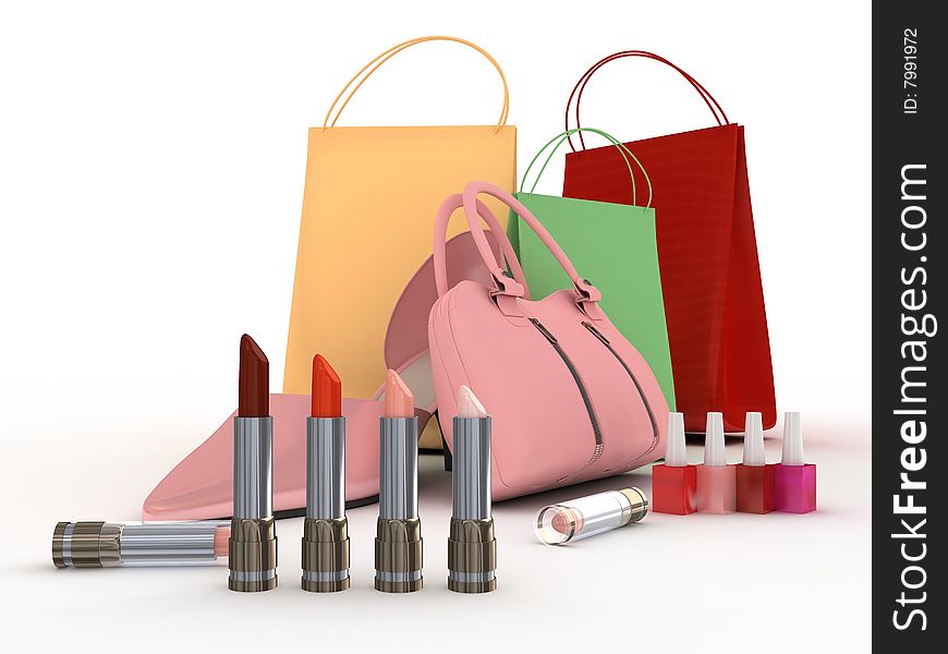 Pink shoes and handbag with colour lipstick and varnish. Pink shoes and handbag with colour lipstick and varnish