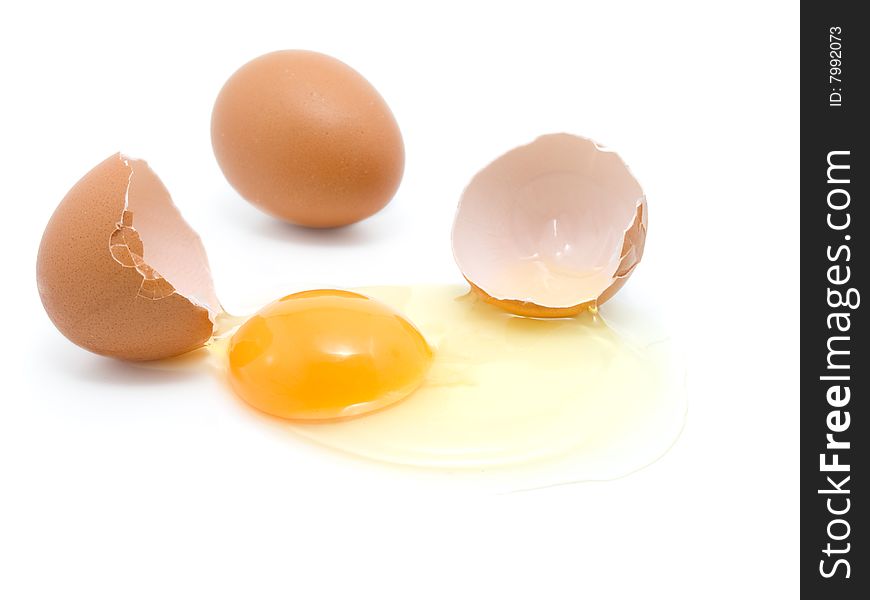 Egg isolated on white background. (yolk, shell from egg).