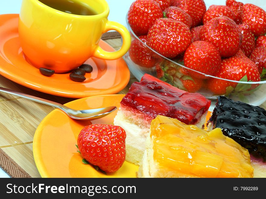 Strawberry, pie, cup of coffee for background. Strawberry, pie, cup of coffee for background.