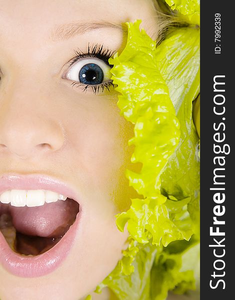 Portrait Of  Woman In Salad Leafs.