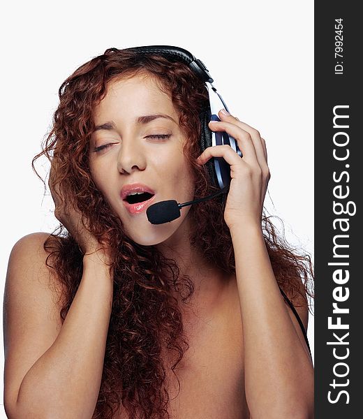 Beauty woman in headphones on white background