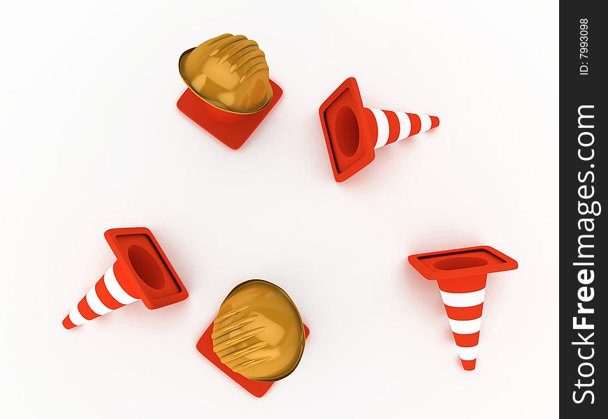 Two orange hardhat and fallen striped cones. Two orange hardhat and fallen striped cones