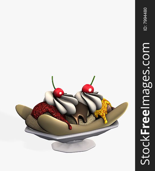 3d illustration of delicious banana split with ice cream chocolate sauce and cherries. 3d illustration of delicious banana split with ice cream chocolate sauce and cherries