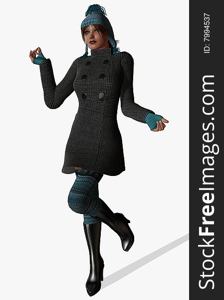 3D render of elegant fashionable girl dressed in winter outdoor clothes