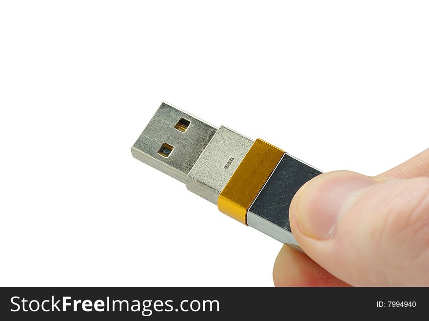 Flash drive in hand isolated on white background. Flash drive in hand isolated on white background