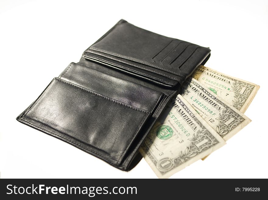 Wallet with three dollars isolated over white background