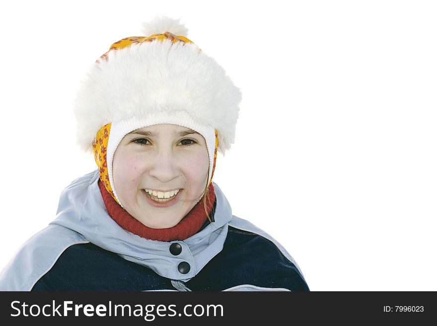 Fun girl in winter time white background