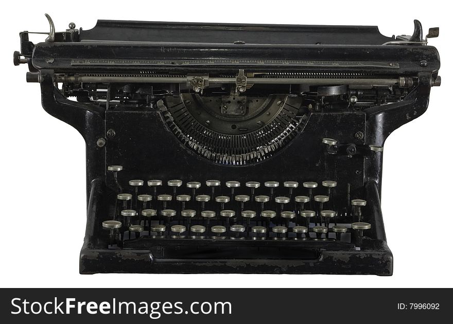 Old dirty rusty black mechanic typing machine with cyrillic characters isolated on white. Old dirty rusty black mechanic typing machine with cyrillic characters isolated on white