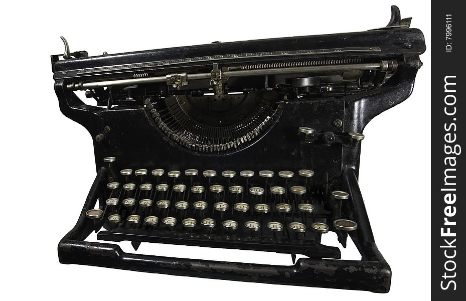 Old dirty rusty black mechanic typing machine with cyrillic characters isolated on white. Old dirty rusty black mechanic typing machine with cyrillic characters isolated on white