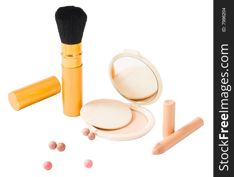 Different types of cosmetics, brush, pressed powder, pencil, bronzing pearls isolated on white. Different types of cosmetics, brush, pressed powder, pencil, bronzing pearls isolated on white
