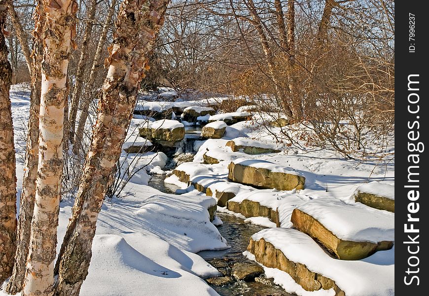 A snowy stream winding through trees and snow covered rocks