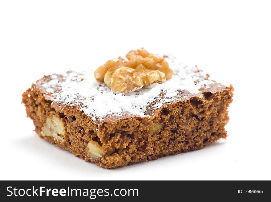 Hot chocolate brownie with walnuts and vanilla isolated