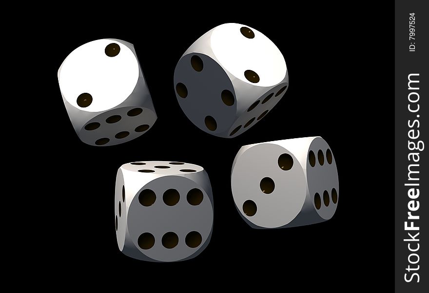 Isolated dices on black background - 3d render illustration. Isolated dices on black background - 3d render illustration