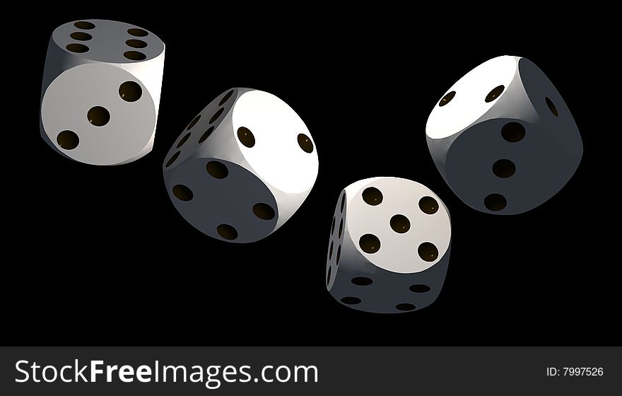Isolated dices on black background - 3d render illustration. Isolated dices on black background - 3d render illustration