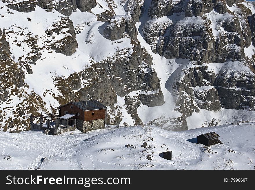 Mountain hut in winter,in Bucegi mountains,Romania