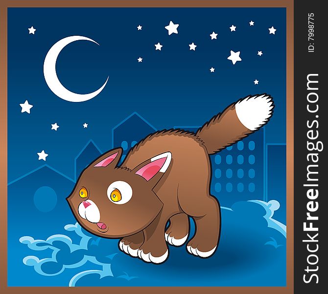 Baby cat in the night - vector illustration