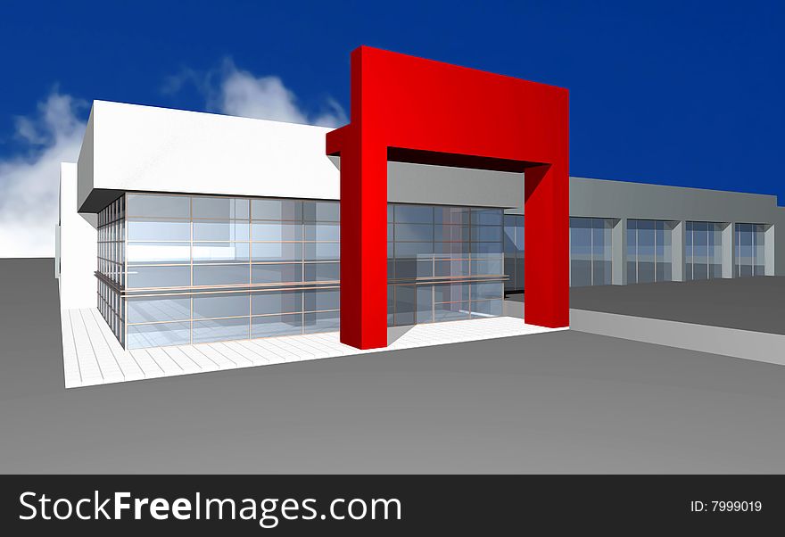 3D render of modern business center against blue sky