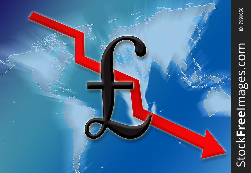 Pound symbol finance going down globally background illustration. Pound symbol finance going down globally background illustration