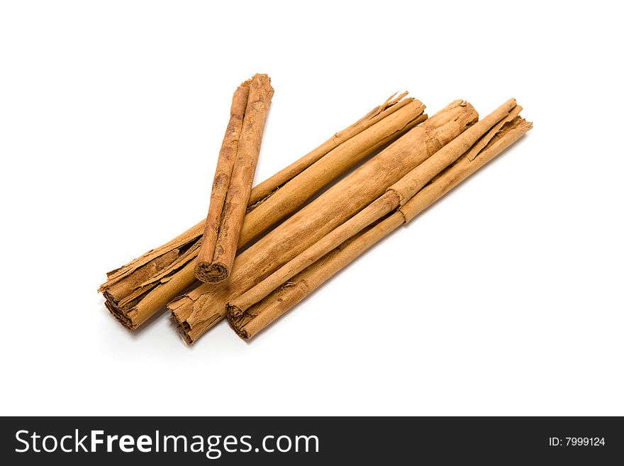 Cinnamon sticks on plain white background